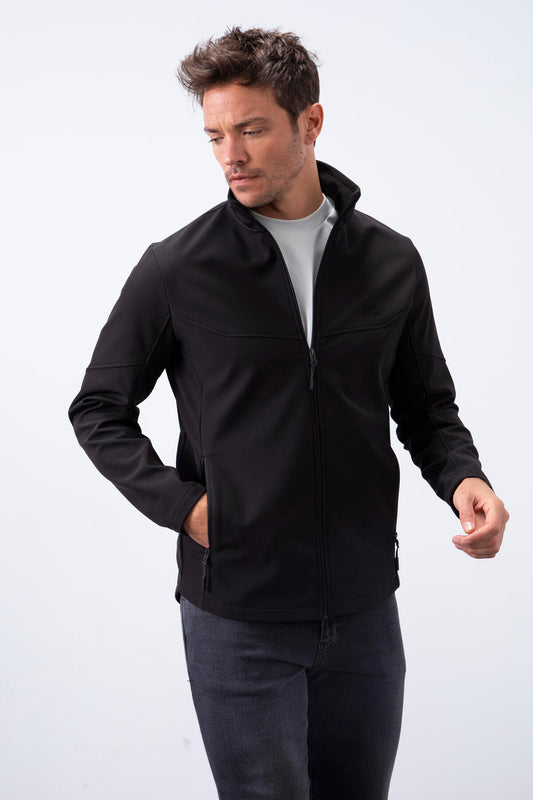 Black Zippered High Collar Water and Windproof Softshell Men's Jacket - 88050