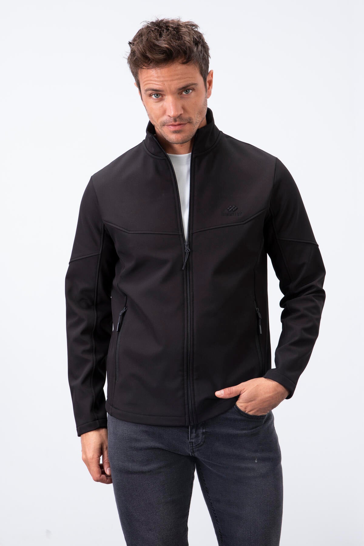 Black Zippered High Collar Water and Windproof Softshell Men's Jacket - 88050