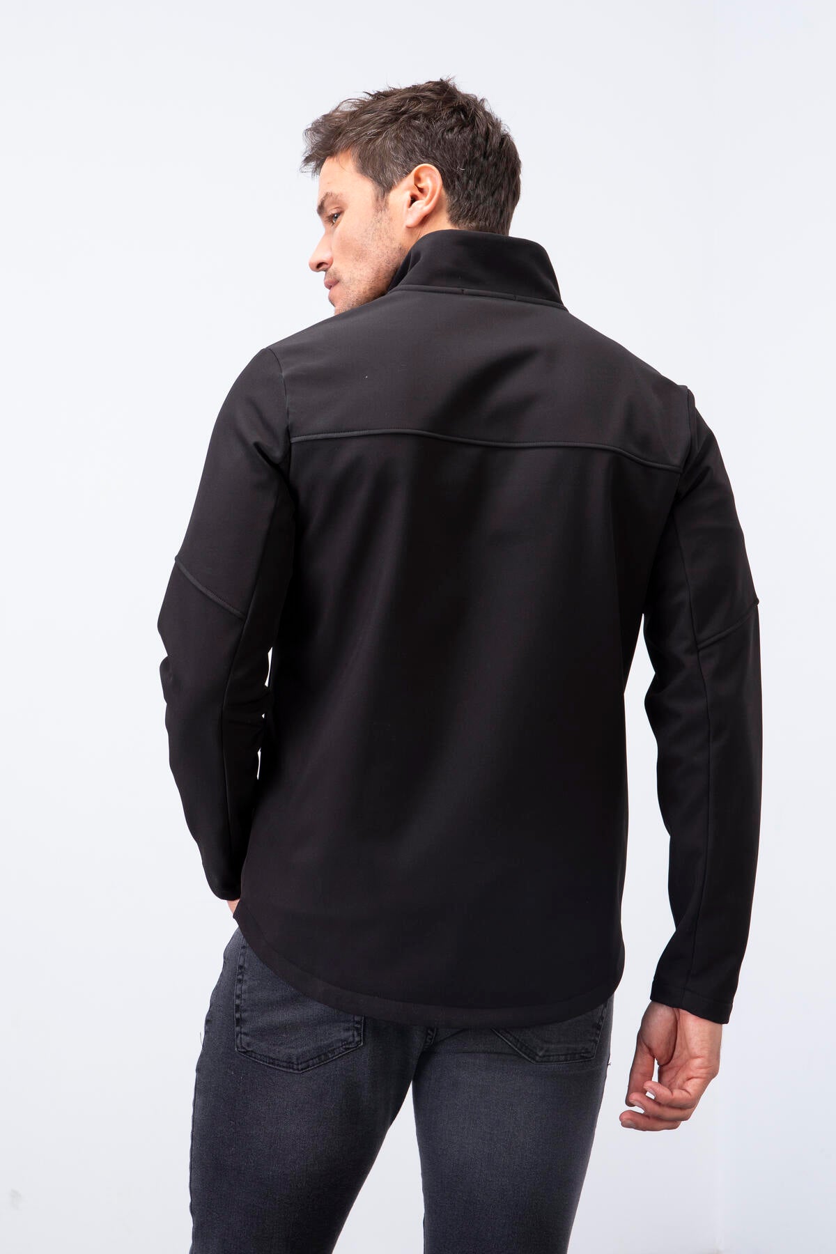 Black Zippered High Collar Water and Windproof Softshell Men's Jacket - 88050
