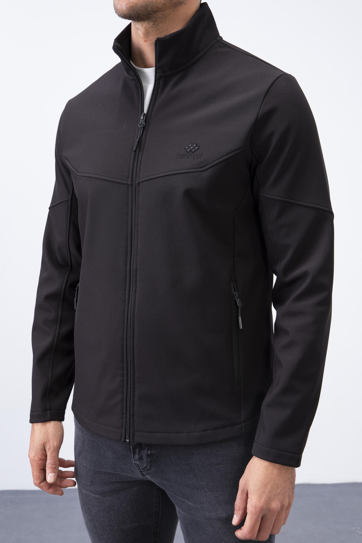 Black Zippered High Collar Water and Windproof Softshell Men's Jacket - 88050