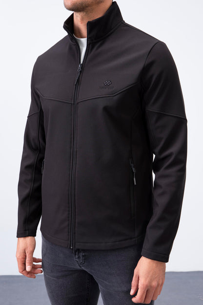 Black Zippered High Collar Water and Windproof Softshell Men's Jacket - 88050