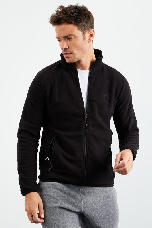 Black Zippered Sweatshirt Slim Fit Stand-Up Collar Men's Fleece - 87270