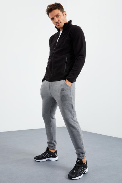 Black Zippered Sweatshirt Slim Fit Stand-Up Collar Men's Fleece - 87270