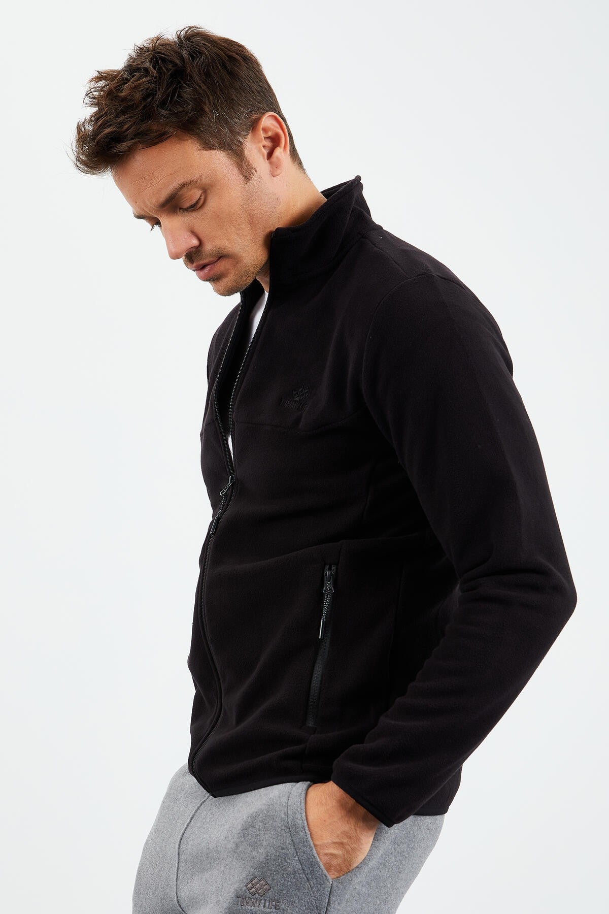 Black Zippered Sweatshirt Slim Fit Stand-Up Collar Men's Fleece - 87270