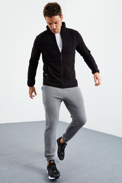 Black Zippered Sweatshirt Slim Fit Stand-Up Collar Men's Fleece - 87270