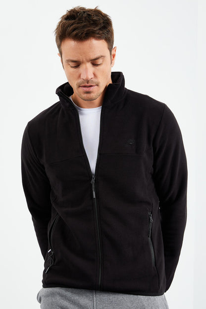 Black Zippered Sweatshirt Slim Fit Stand-Up Collar Men's Fleece - 87270