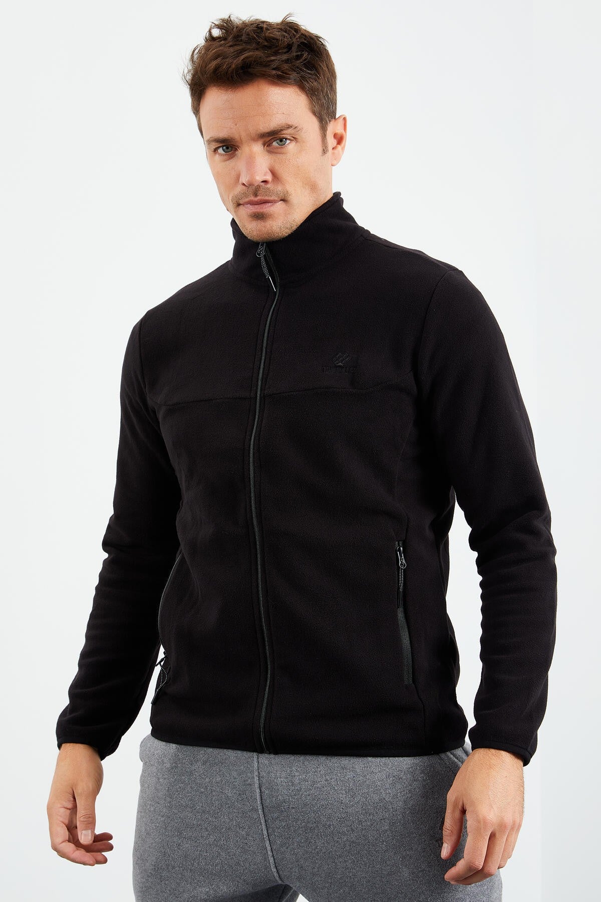 Black Zippered Sweatshirt Slim Fit Stand-Up Collar Men's Fleece - 87270