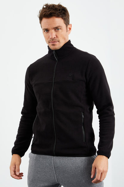 Black Zippered Sweatshirt Slim Fit Stand-Up Collar Men's Fleece - 87270