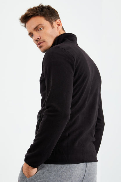 Black Zippered Sweatshirt Slim Fit Stand-Up Collar Men's Fleece - 87270