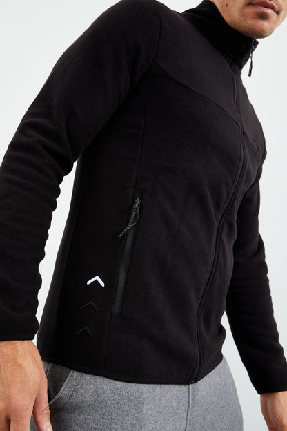 Black Zippered Sweatshirt Slim Fit Stand-Up Collar Men's Fleece - 87270