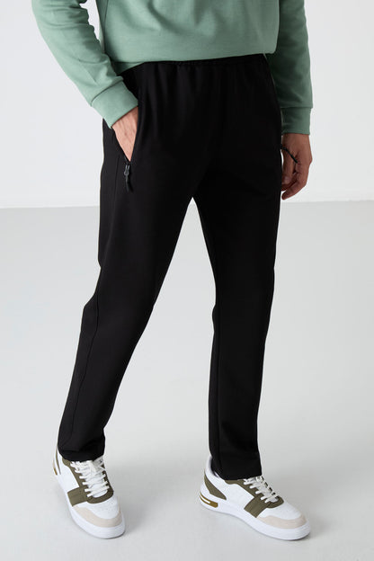 Black Zippered Three-Pocket Slim Fit Classic Hem Men's Tracksuit Bottom - 84671