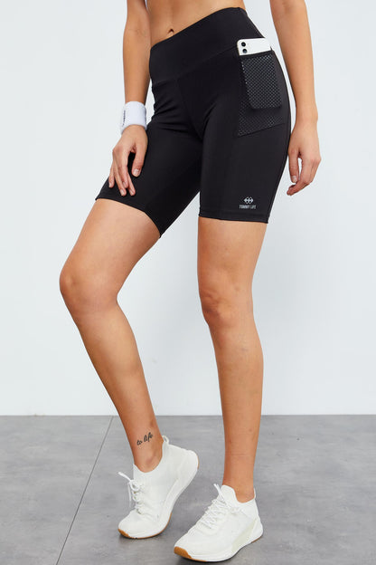Black High Waist Wrap-up Women's Biker Tights with Side Pockets - 91010