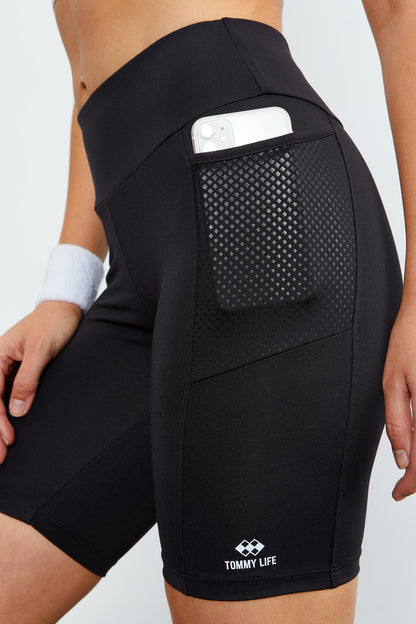 Black High Waist Wrap-up Women's Biker Tights with Side Pockets - 91010