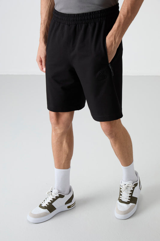Black Hidden Zipper Back Pocket Laced Standard Fit Men's Shorts - 81136