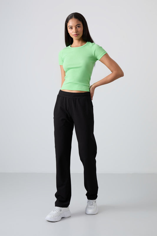 Black Hidden Zipper Pocket Comfort Fit Classic Hem Women's Tracksuit Bottom - 94148