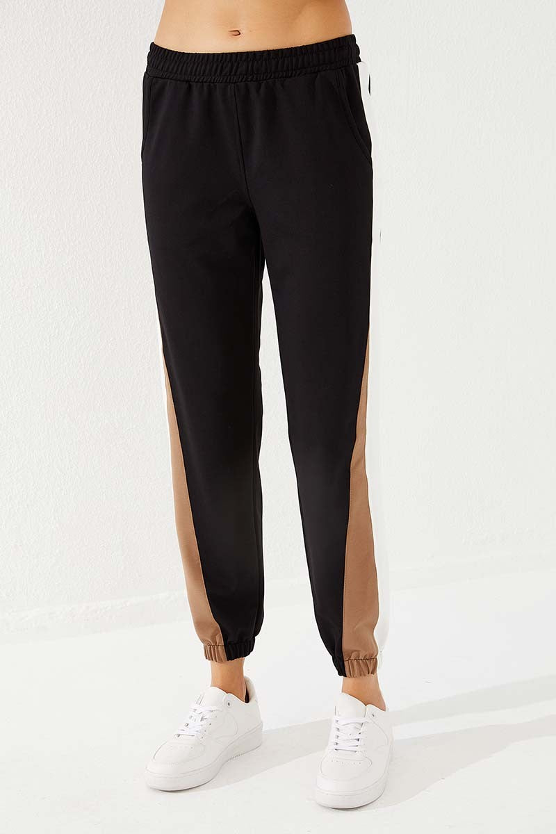 Black Two-Tone Striped Comfortable Elastic Cuffed Women's Tracksuit Bottom - 94582