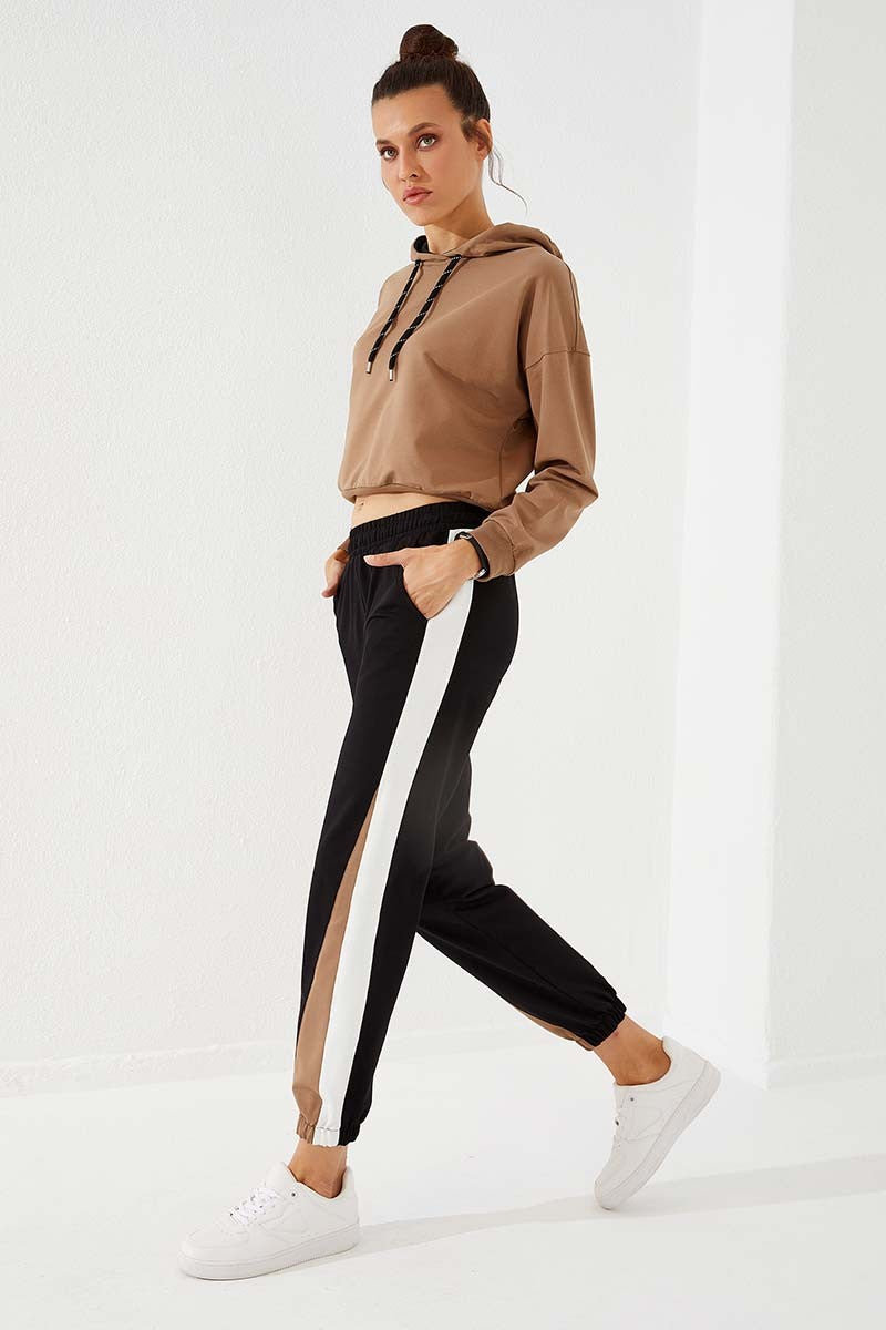 Black Two-Tone Striped Comfortable Elastic Cuffed Women's Tracksuit Bottom - 94582