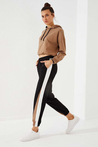 Black Two-Tone Striped Comfortable Elastic Cuffed Women's Tracksuit Bottom - 94582