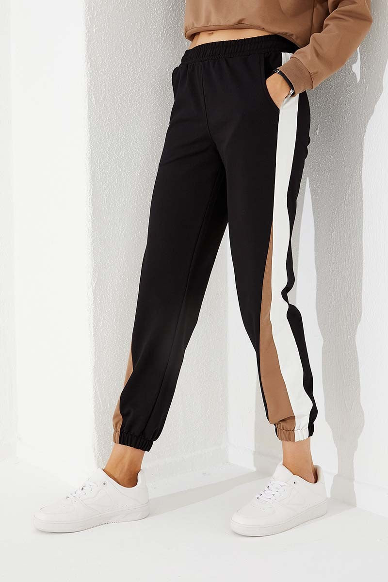 Black Two-Tone Striped Comfortable Elastic Cuffed Women's Tracksuit Bottom - 94582