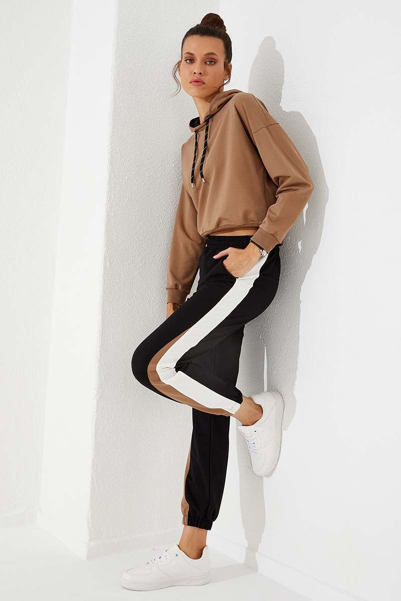 Black Two-Tone Striped Comfortable Elastic Cuffed Women's Tracksuit Bottom - 94582