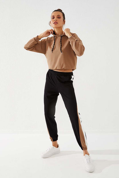 Black Two-Tone Striped Comfortable Elastic Cuffed Women's Tracksuit Bottom - 94582