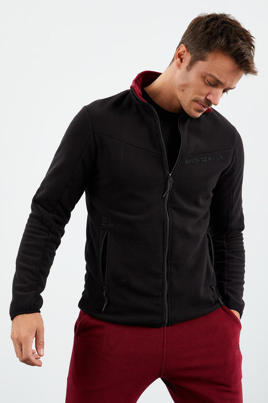 Black Two-Tone Zippered High Collar Standard Fit Men's Sweatshirt Fleece - 87994