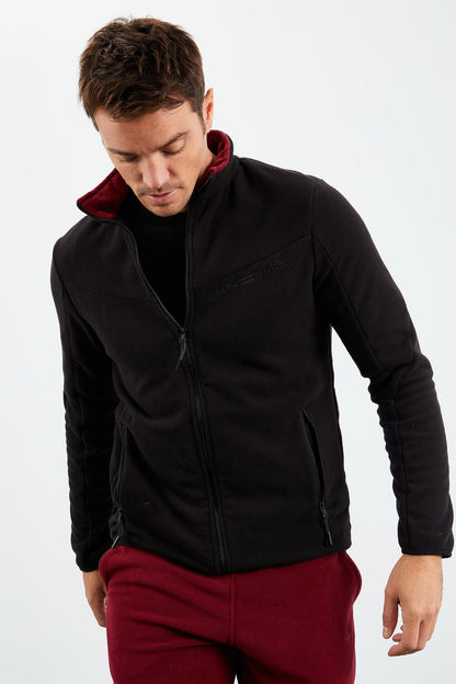 Black Two-Tone Zippered High Collar Standard Fit Men's Sweatshirt Fleece - 87994