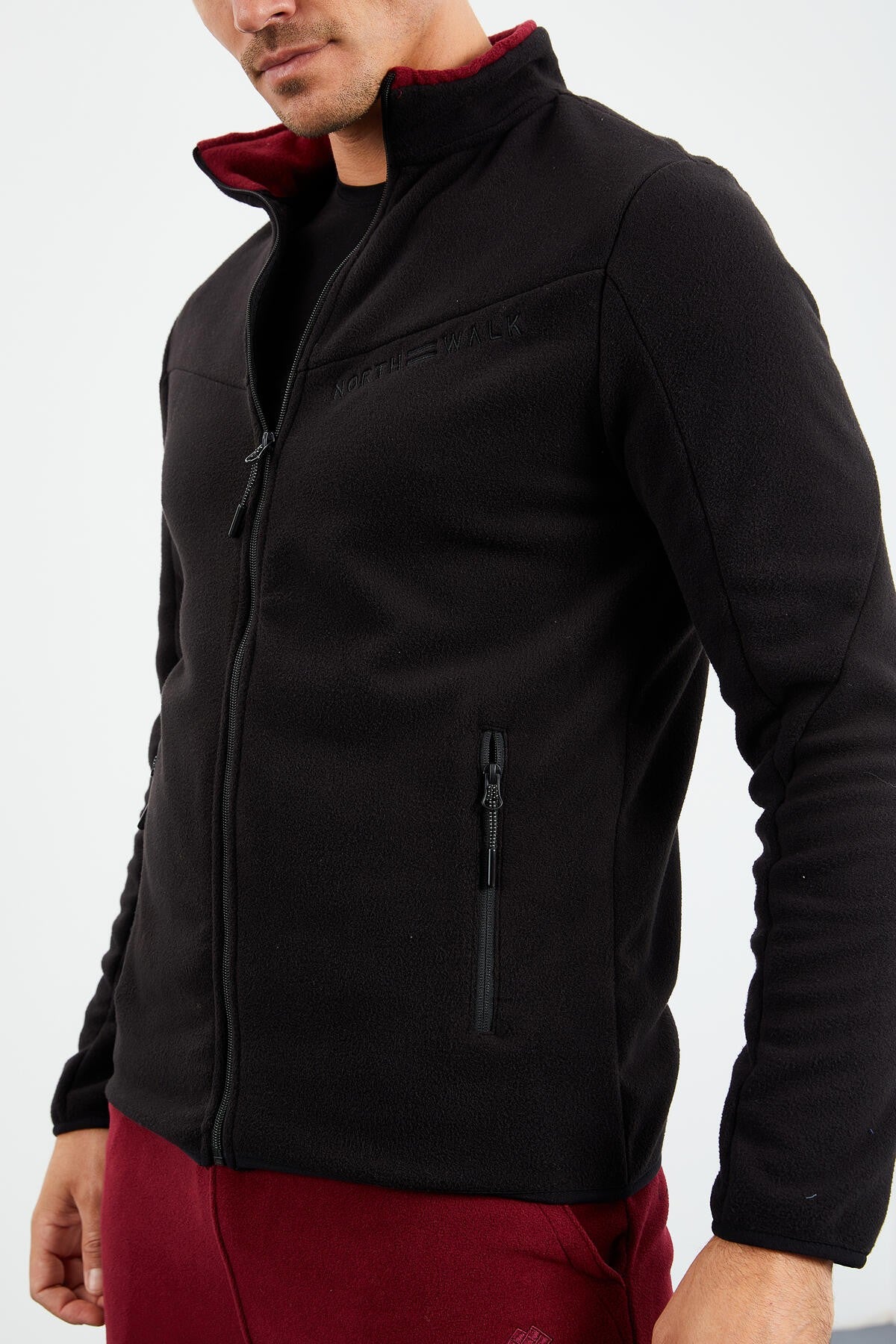 Black Two-Tone Zippered High Collar Standard Fit Men's Sweatshirt Fleece - 87994