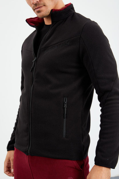 Black Two-Tone Zippered High Collar Standard Fit Men's Sweatshirt Fleece - 87994