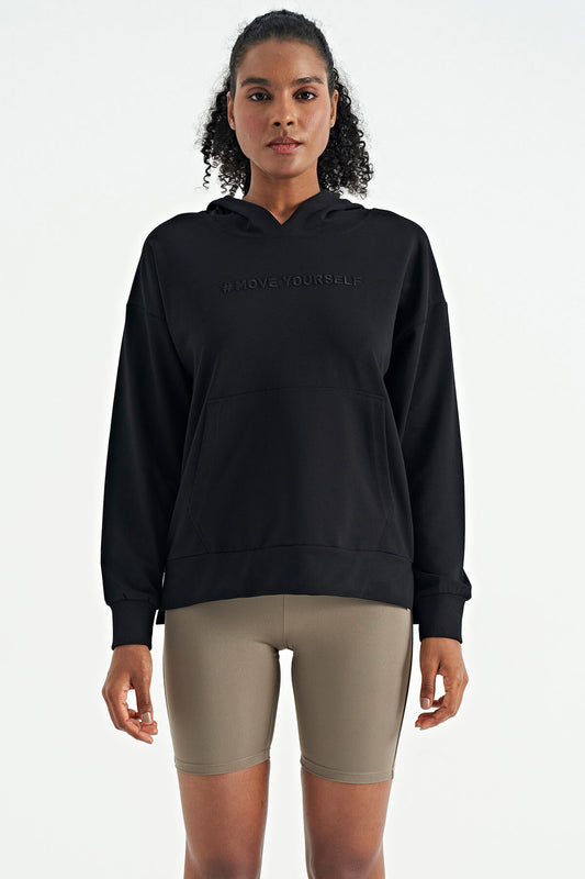 Black Women's Hooded Kangaroo Pocket Oversize Sweatshirt - 97161