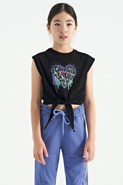 Black Heart Print Front Knot Detailed Comfortable Fit Girls' T-Shirt - 75114