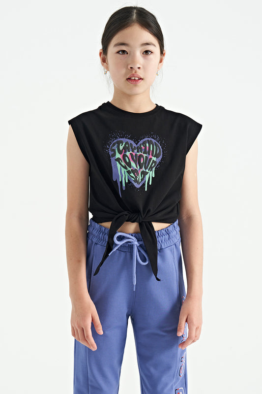 Black Heart Print Front Knot Detailed Comfortable Fit Girls' T-Shirt - 75114
