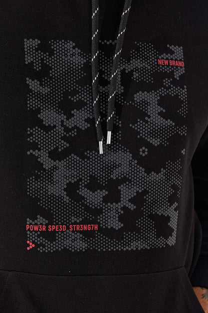 Black Camouflage Pattern Printed Standard Fit Men's Hooded Sweatshirt - 87884