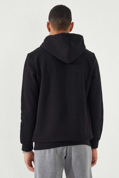 Black Camouflage Pattern Printed Standard Fit Men's Hooded Sweatshirt - 87884