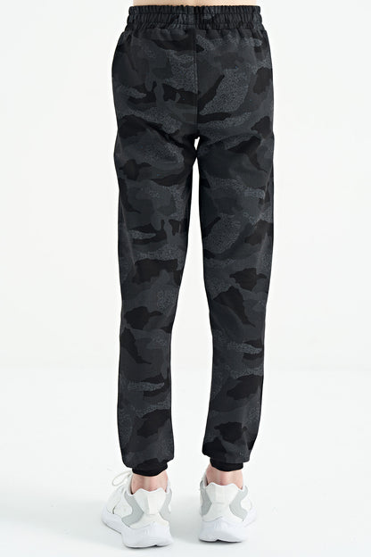 Black Camouflage Camouflage Print Detailed Standard Cut Jogger Boys Tracksuit Bottom - 11096