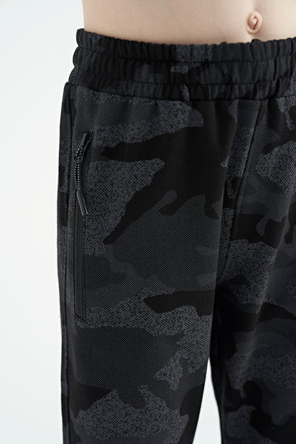 Black Camouflage Camouflage Print Detailed Standard Cut Jogger Boys Tracksuit Bottom - 11096