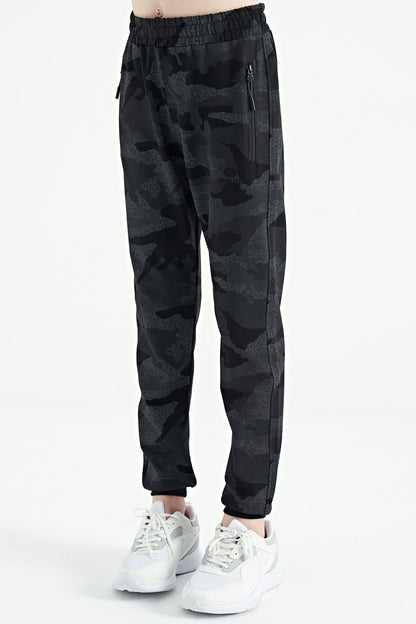 Black Camouflage Camouflage Print Detailed Standard Cut Jogger Boys Tracksuit Bottom - 11096