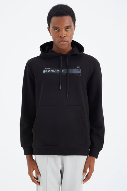 Black Hooded Laced Print Detailed Relax Fit Men's Sweatshirt - 88287