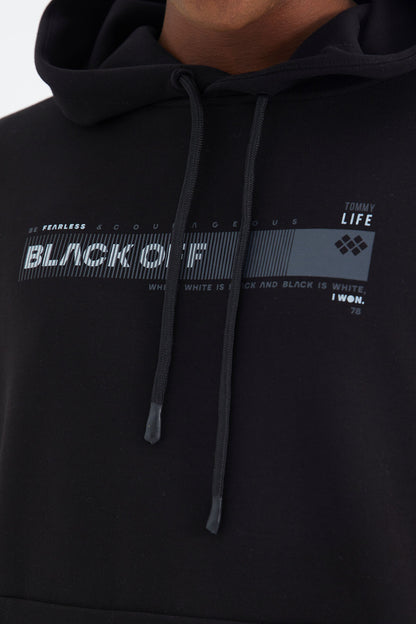 Black Hooded Laced Print Detailed Relax Fit Men's Sweatshirt - 88287