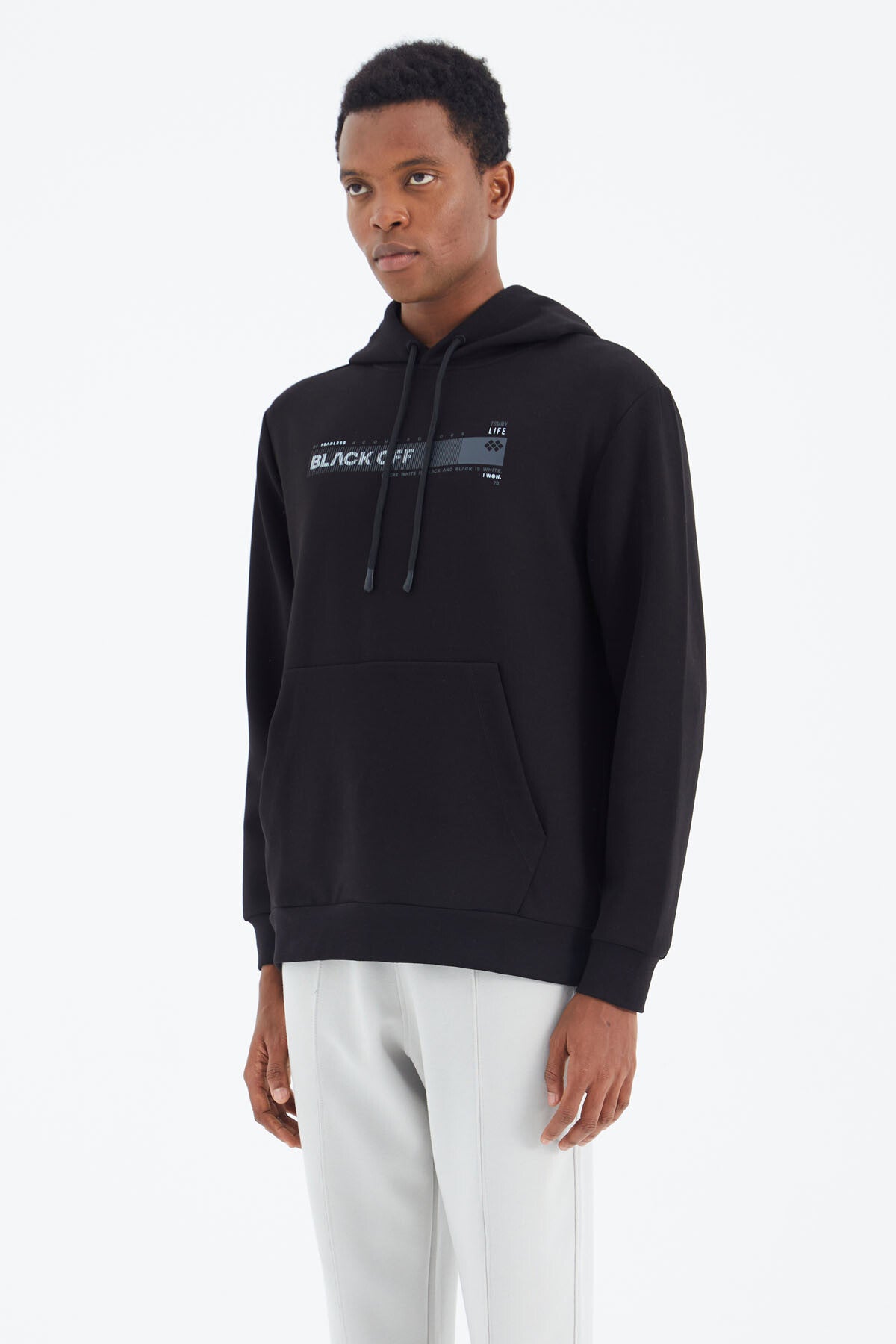 Black Hooded Laced Print Detailed Relax Fit Men's Sweatshirt - 88287