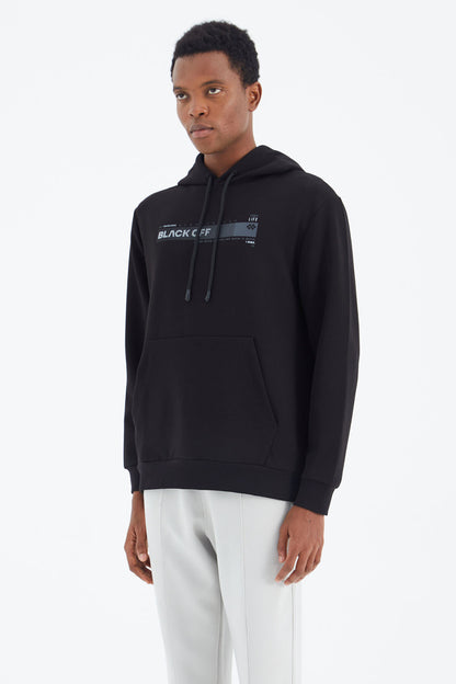 Black Hooded Laced Print Detailed Relax Fit Men's Sweatshirt - 88287