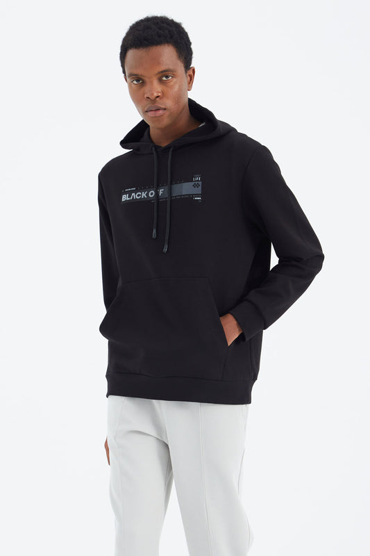 Black Hooded Laced Print Detailed Relax Fit Men's Sweatshirt - 88287