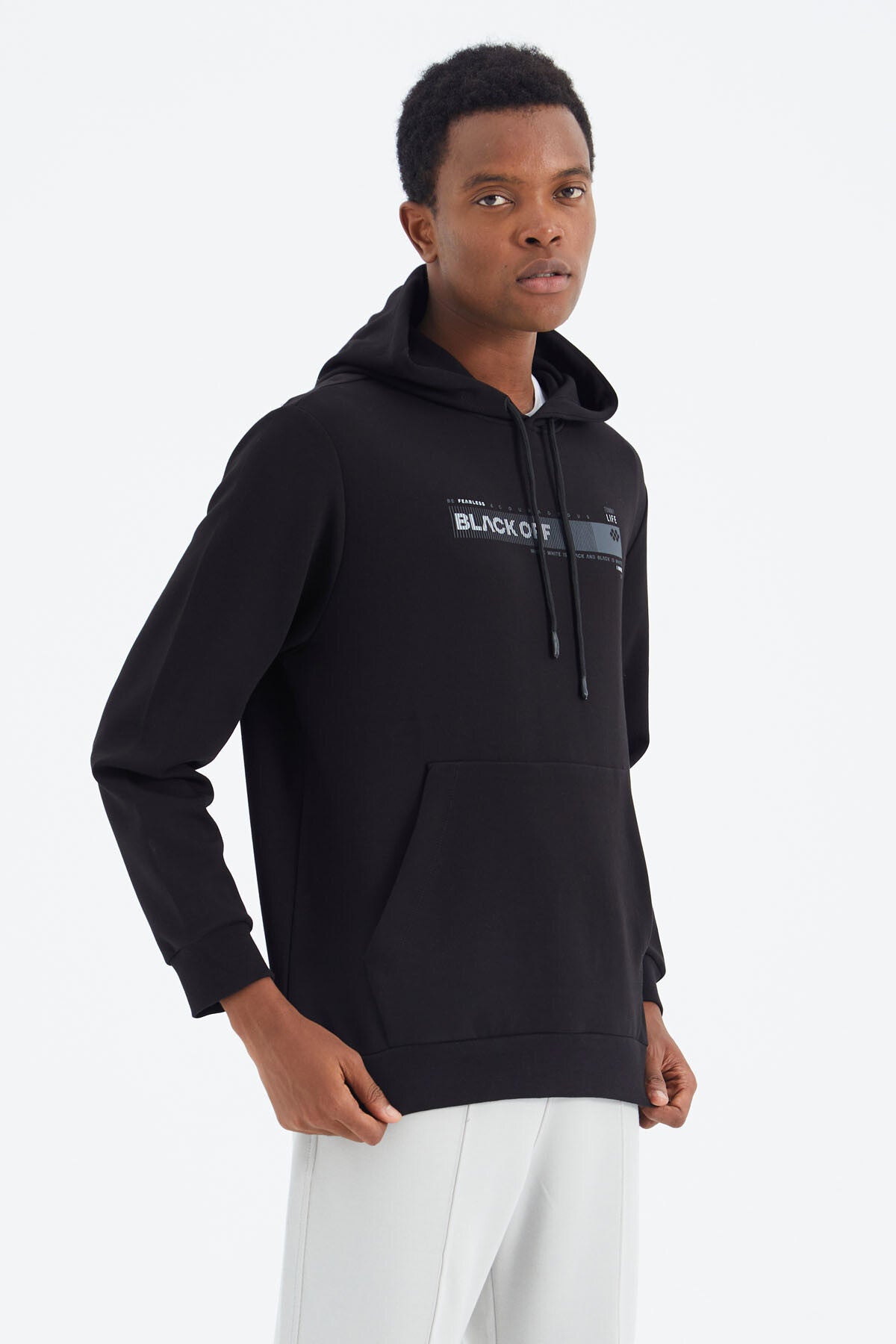 Black Hooded Laced Print Detailed Relax Fit Men's Sweatshirt - 88287