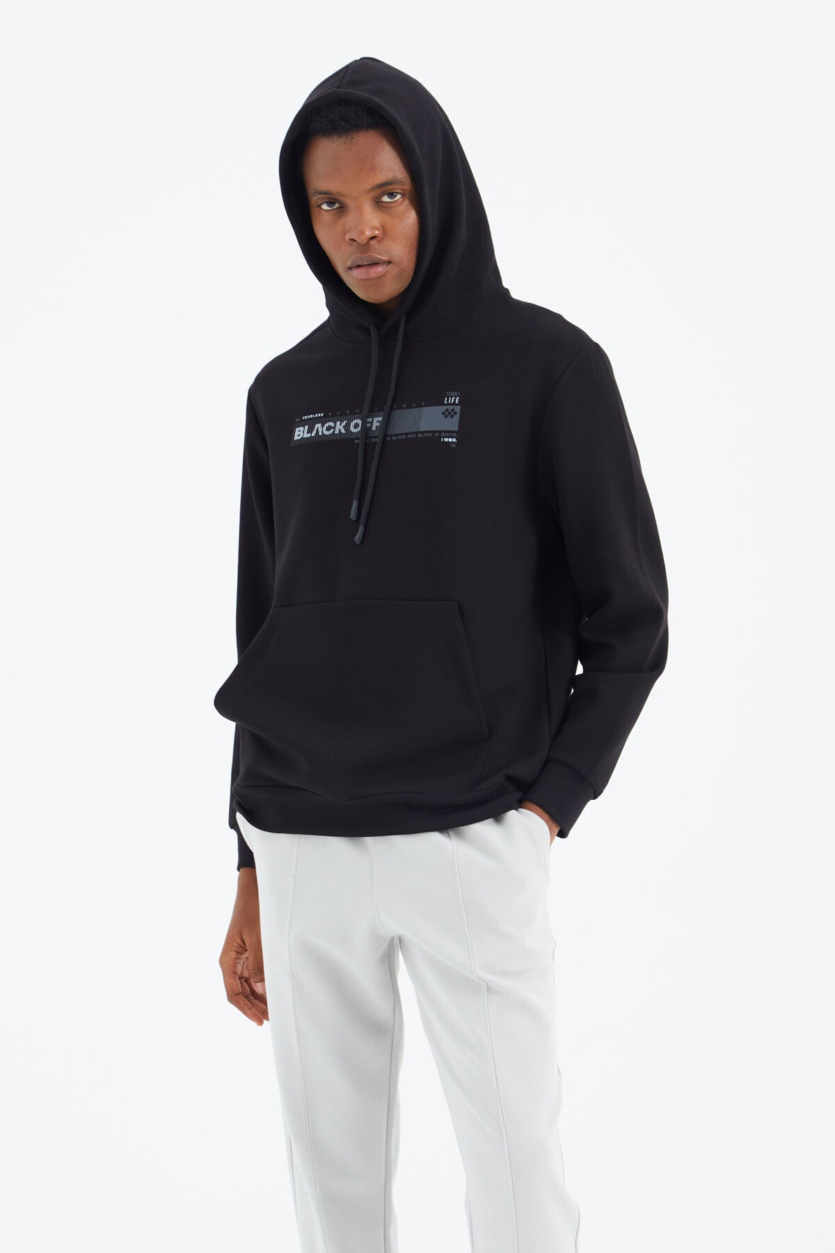 Black Hooded Laced Print Detailed Relax Fit Men's Sweatshirt - 88287