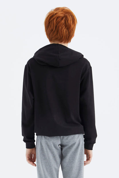 Black Hooded Basic Boys' Sweatshirt - 11181