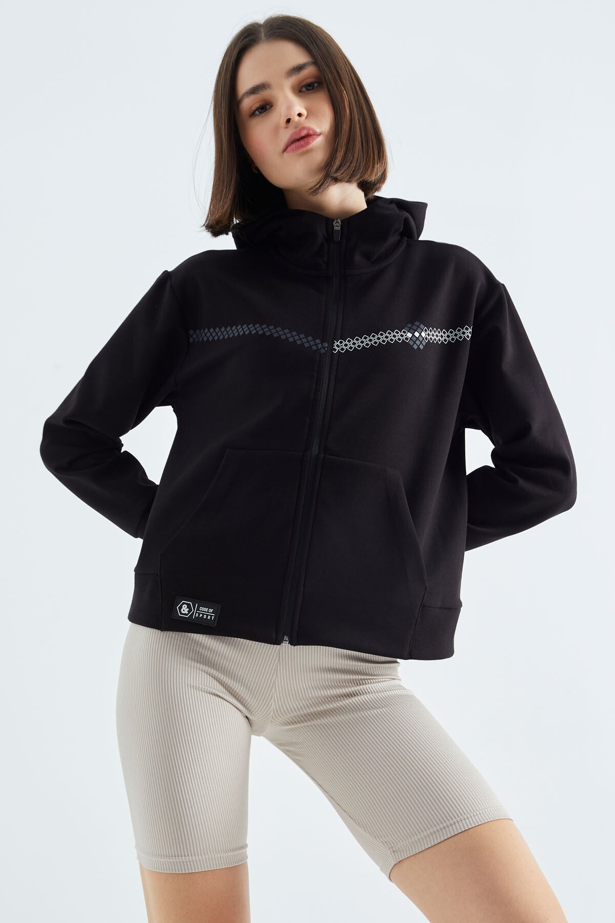 Black Hooded Zippered Women's Sweatshirt - 97277