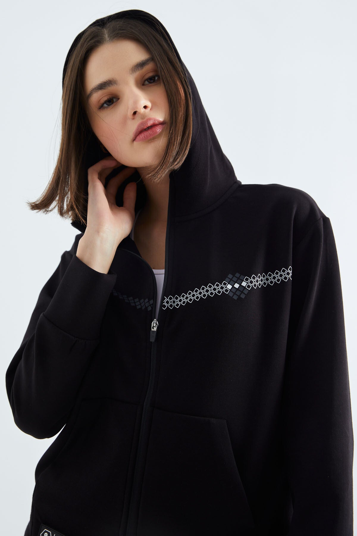 Black Hooded Zippered Women's Sweatshirt - 97277