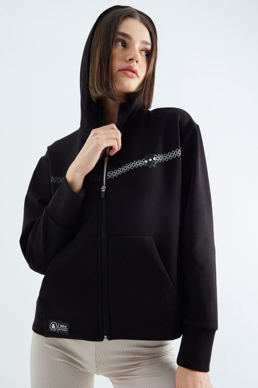 Black Hooded Zippered Women's Sweatshirt - 97277