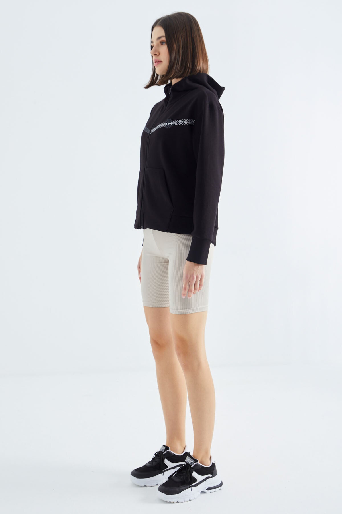 Black Hooded Zippered Women's Sweatshirt - 97277
