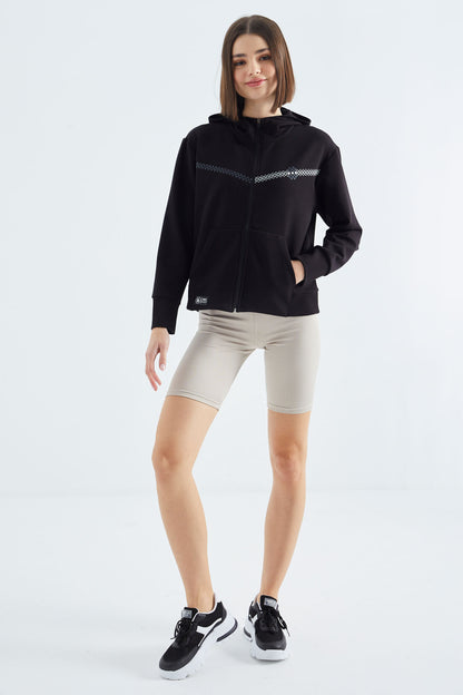 Black Hooded Zippered Women's Sweatshirt - 97277